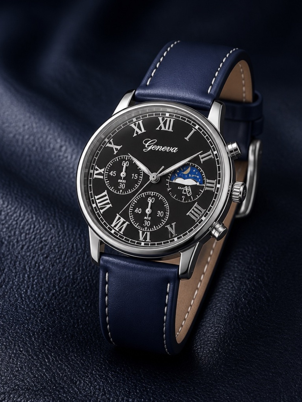 Geneva Luxury Collection Elegant Navy Blue Leather Band Analog Timepiece NWT